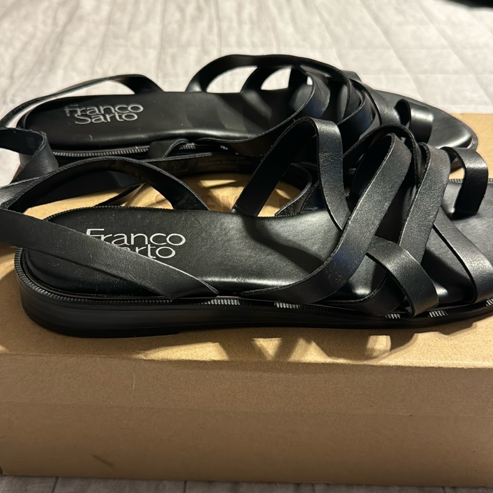 Franco Sarto Womens Georgie Black Leather Ankle Strappy Sandals Size 8 New